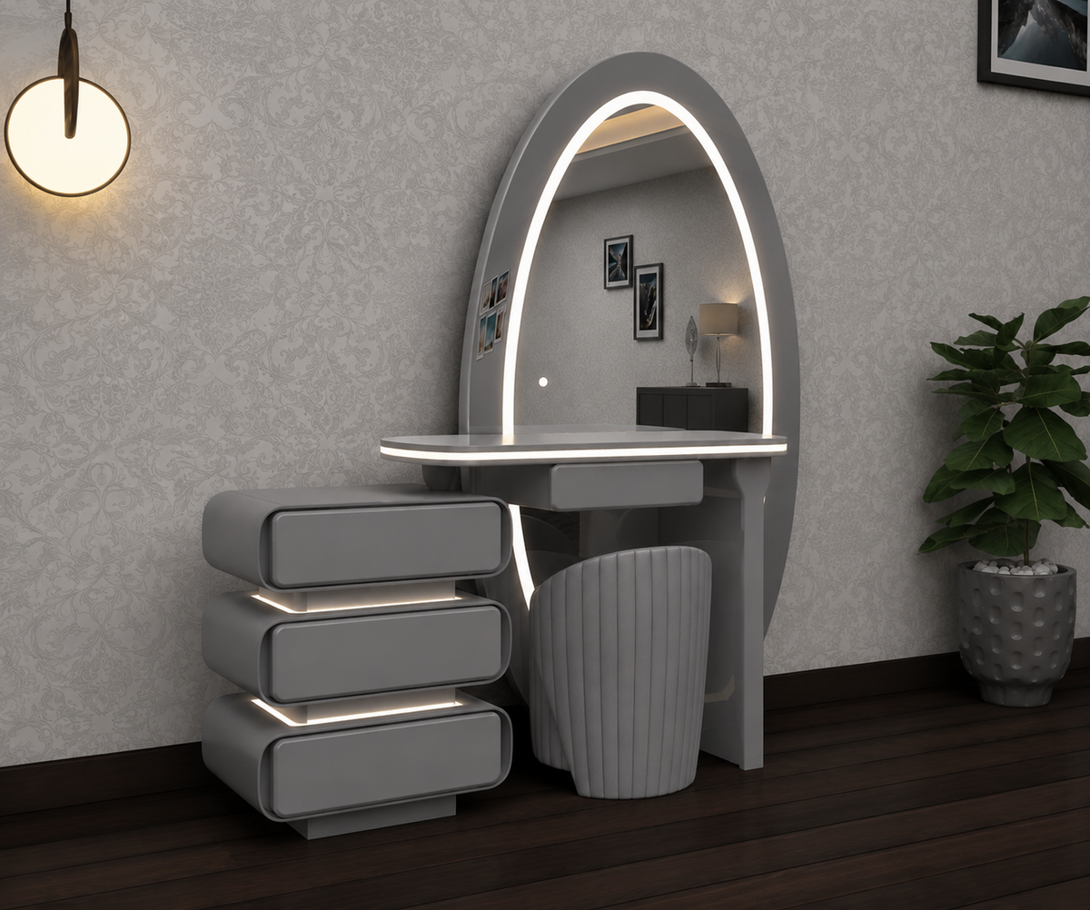Lumi Dressing Table - Strong MDF , 3 Tone LED , Deep Drawers , Comfy Stool With High Gloss Mirror In Different Colors