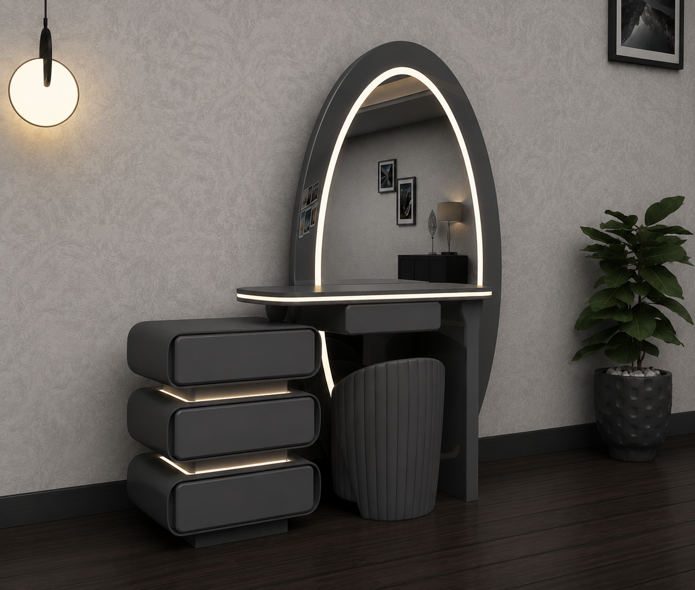 Lumi Dressing Table - Strong MDF , 3 Tone LED , Deep Drawers , Comfy Stool With High Gloss Mirror In Different Colors