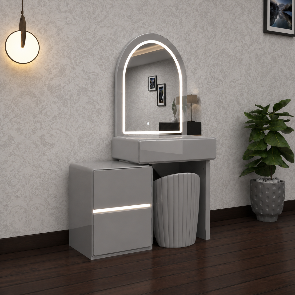 Aviva Dressing Table - 3 Tone LED , Strong MDF , Comfy Stool , Handless Deep Drawers With High Gloss Mirror