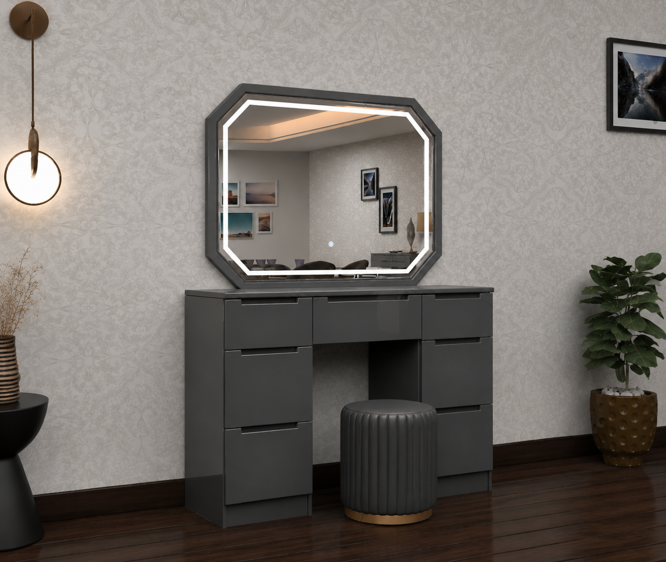 Rose Dressing Table - Deep Drawers , 3 Tone LED , High Gloss Mirror , Comfy Stool With Strong MDF In Different Colours