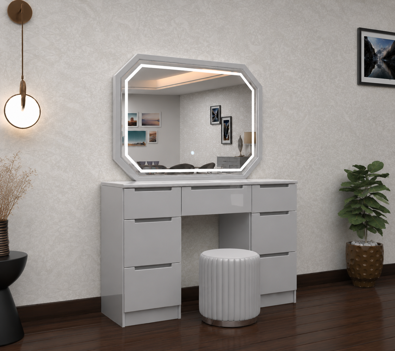 Rose Dressing Table - Deep Drawers , 3 Tone LED , High Gloss Mirror , Comfy Stool With Strong MDF In Different Colours
