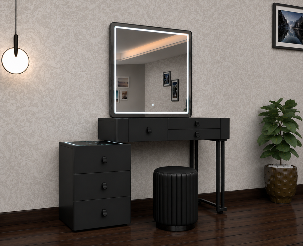 Lux Dressing Table - High Gloss Mirror , 3 Tone LED , Wireless Speaker , Wireless Charging , Strong MDF With Adjustable Width IN Different Colours