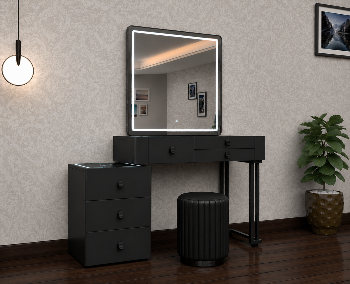 Lux Dressing Table - High Gloss Mirror , 3 Tone LED , Wireless Speaker , Wireless Charging , Strong MDF With Adjustable Width IN Different Colours