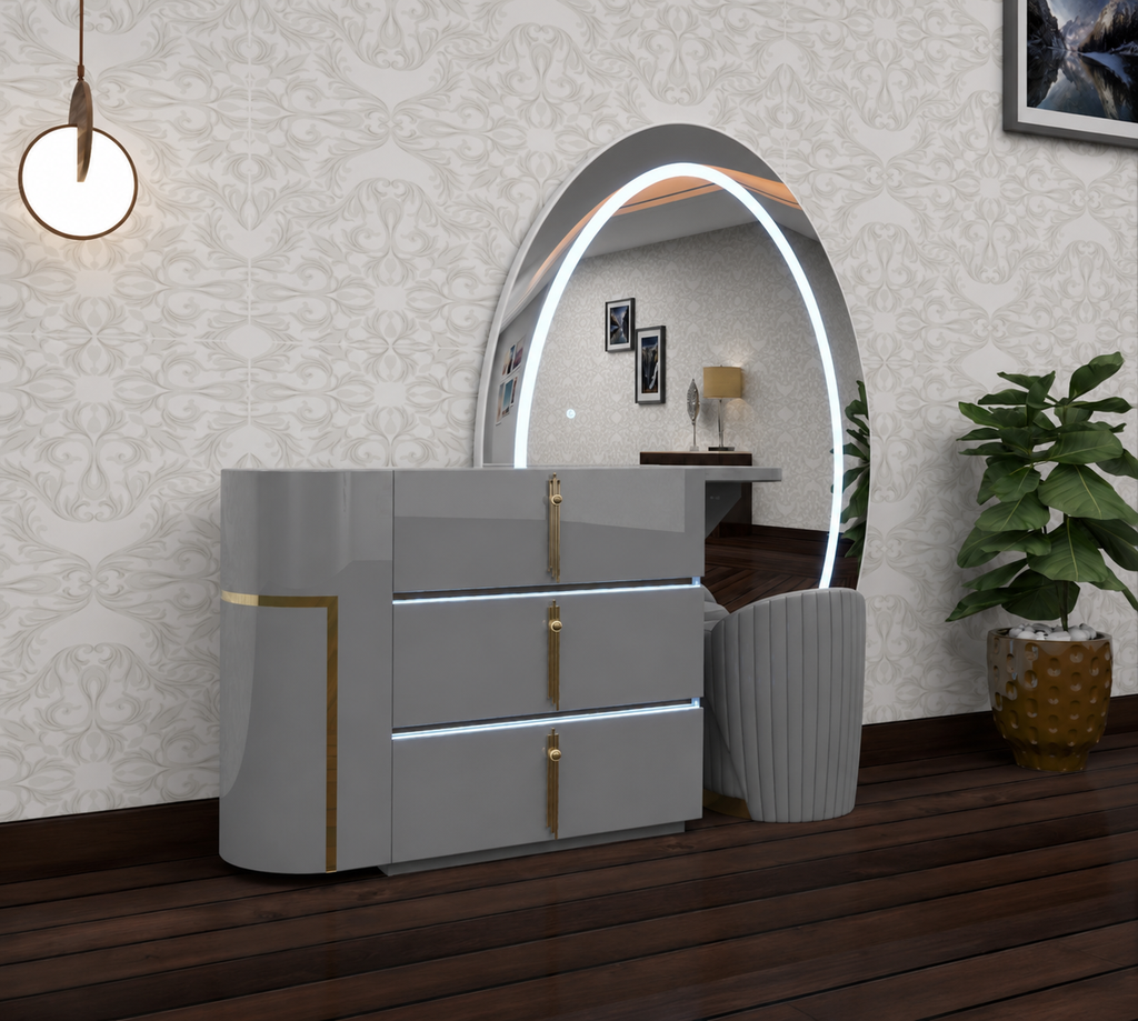 Aurora Dressing Table - Gold Handle , 3 Tone LED , High Gloss Mirror , Strong MDF , Deep Drawers With Comfy Stool In Different Colours