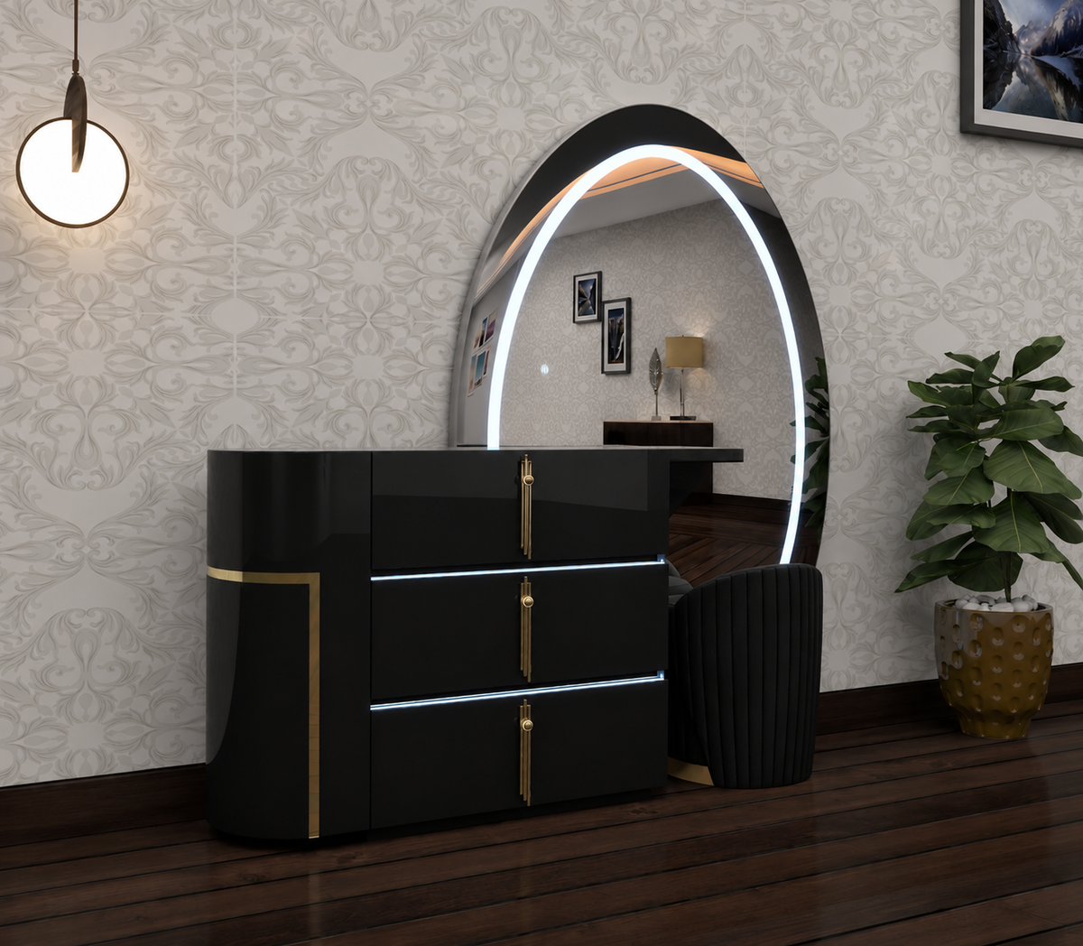 Aurora Dressing Table - Gold Handle , 3 Tone LED , High Gloss Mirror , Strong MDF , Deep Drawers With Comfy Stool In Different Colours