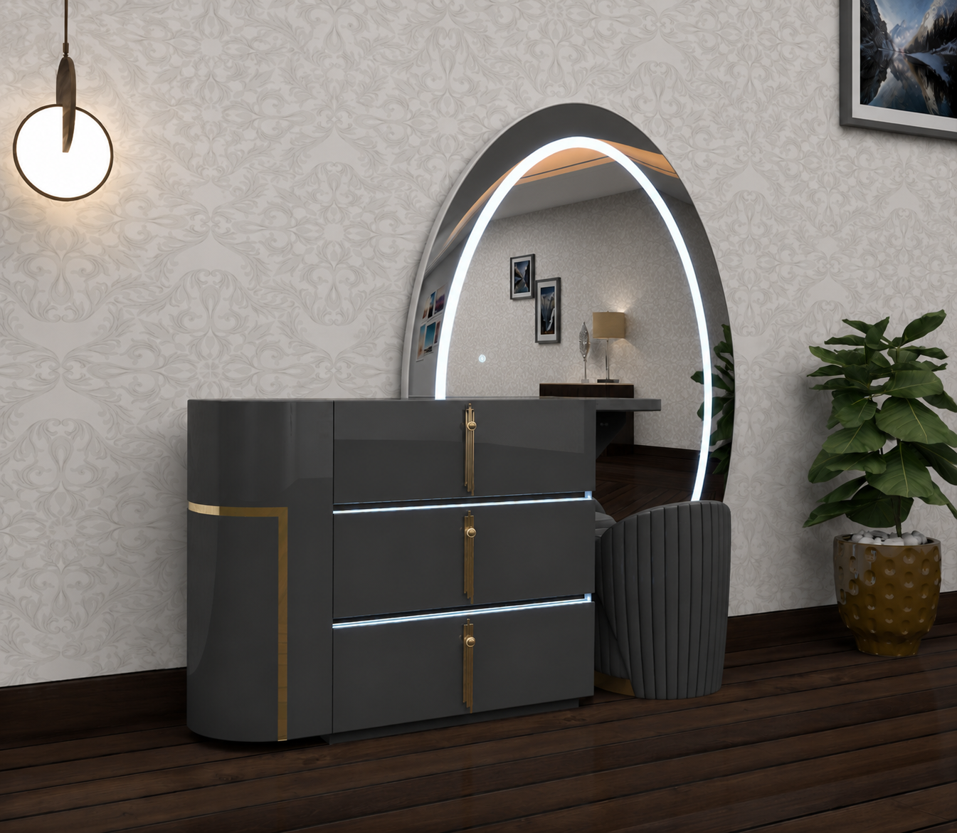 Aurora Dressing Table - Gold Handle , 3 Tone LED , High Gloss Mirror , Strong MDF , Deep Drawers With Comfy Stool In Different Colours
