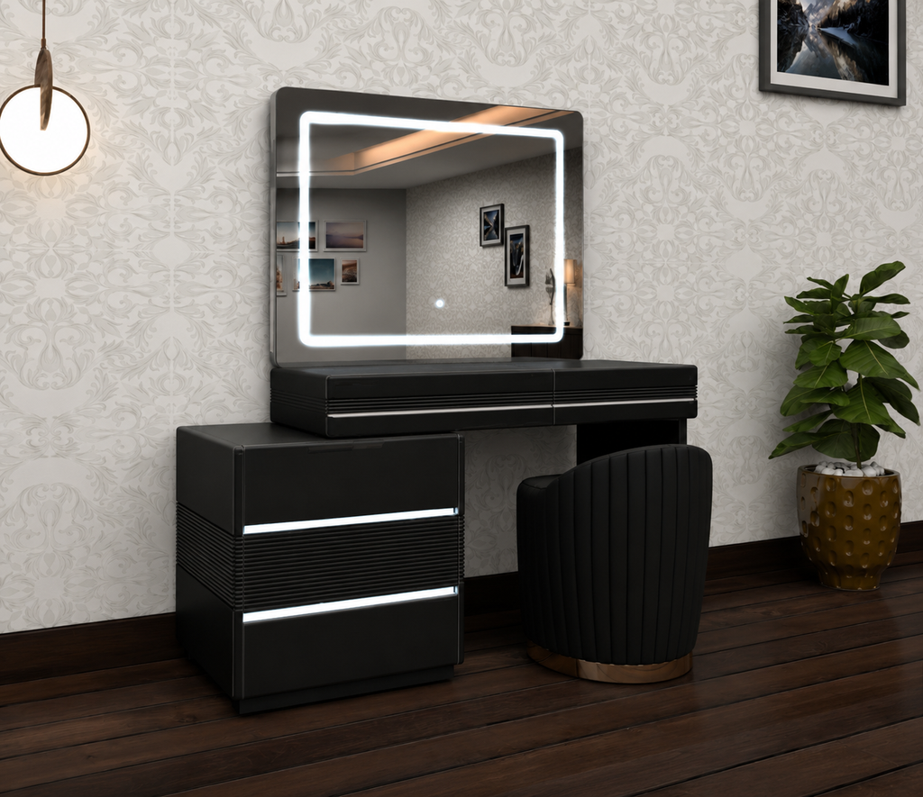 Novella Dressing Table - Comfy Stool , Strong MDF , Adjustable Width , 3 Tone LED , High Gloss Mirror , With Handless Drawers