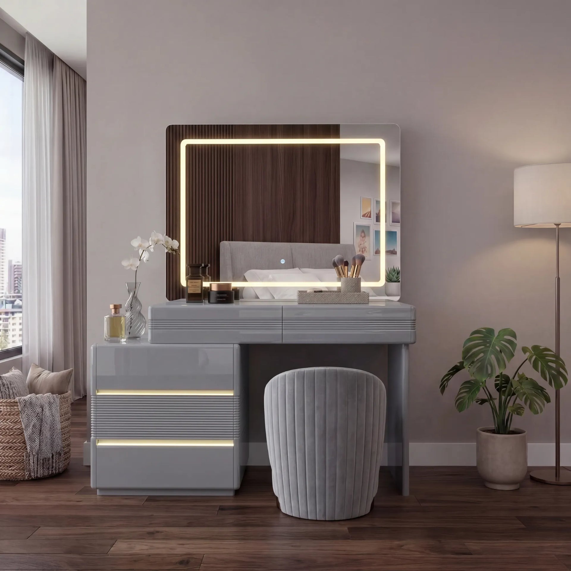 Novella Dressing Table - Comfy Stool , Strong MDF , Adjustable Width , 3 Tone LED , High Gloss Mirror , With Handless Drawers