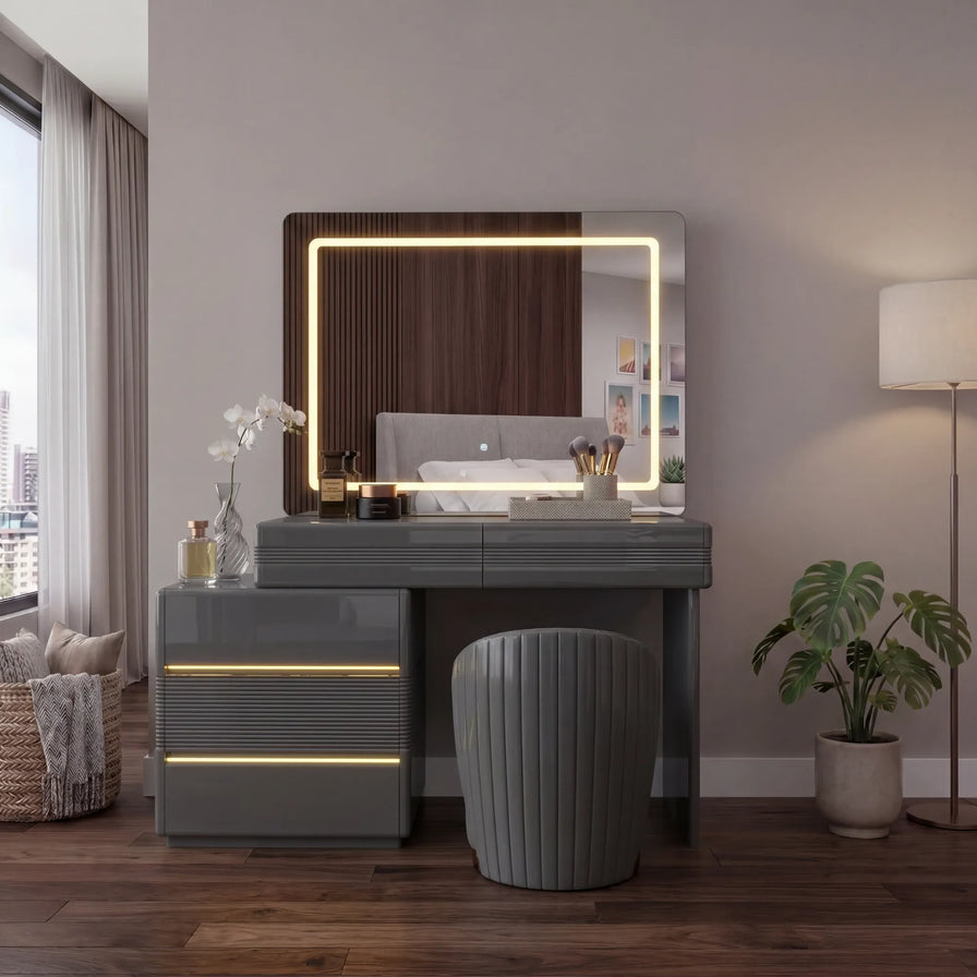 Novella Dressing Table - Comfy Stool , Strong MDF , Adjustable Width , 3 Tone LED , High Gloss Mirror , With Handless Drawers