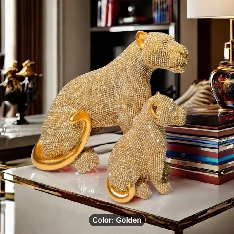 CUB LEOPARD STATUE DECORATIVE FIGURINE GOLDEN PERFECT FOR GIFTS Sparkling Rhinestone Design Home Decor