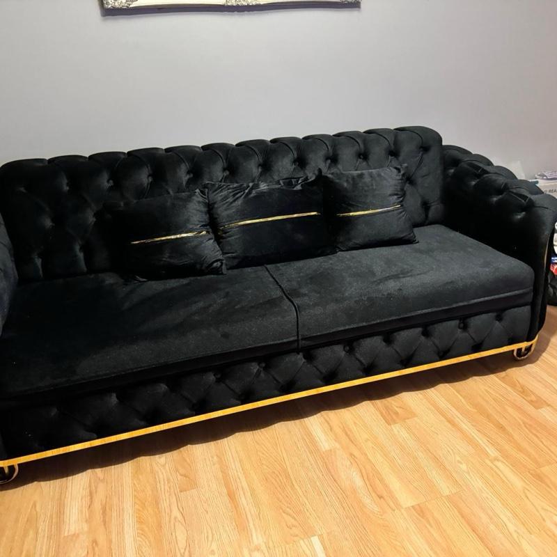PLUSH VELVET 3+2 SEATER SOFA in Grey with Tufted Design and Gold Trim Cushions