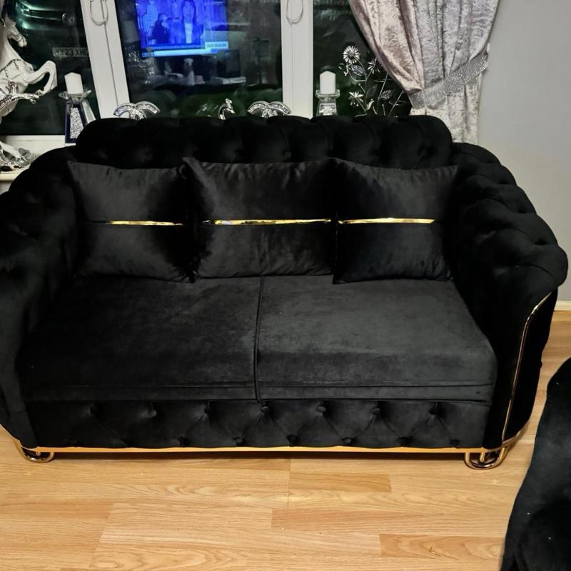 PLUSH VELVET 3+2 SEATER SOFA in Grey with Tufted Design and Gold Trim Cushions