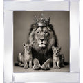 A majestic lion king, adorned with a crown, surrounded by cubs