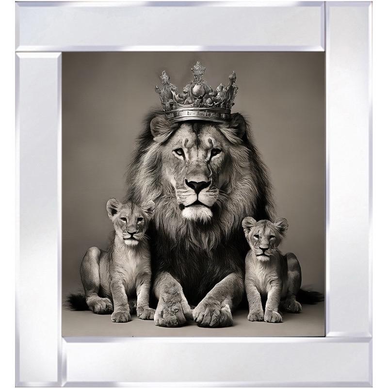 A majestic lion king, adorned with a crown, surrounded by cubs