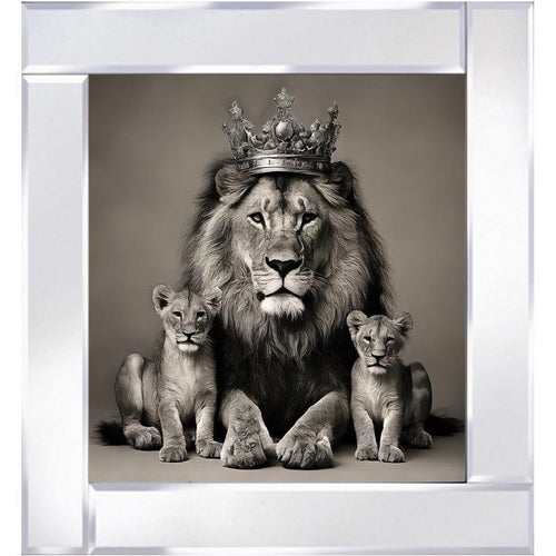 A majestic lion king, adorned with a crown, surrounded by cubs