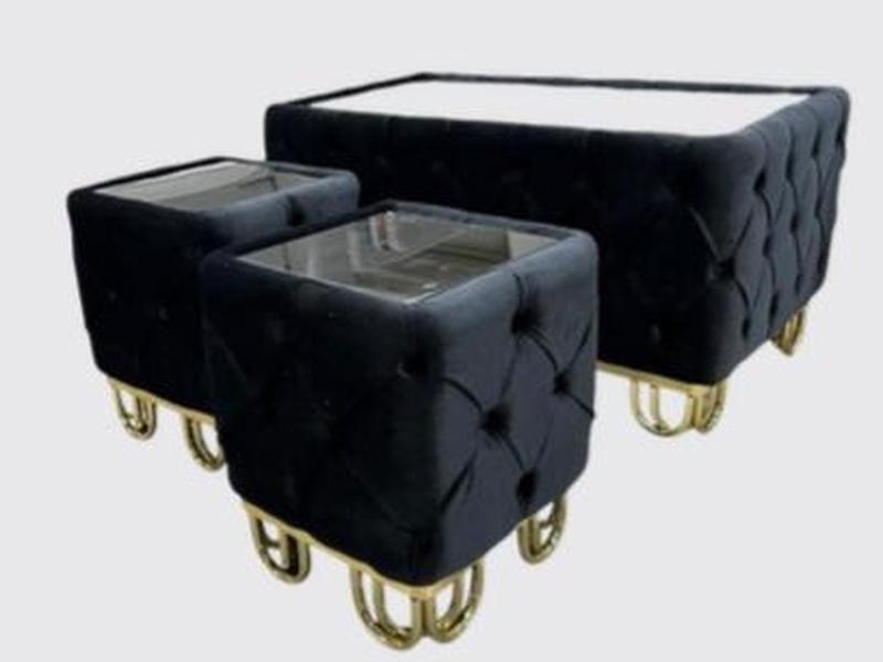 AVIVA Modern Coffee Table Set in Black Cream & Grey with Tufted Design and Gold Legs for Living Room