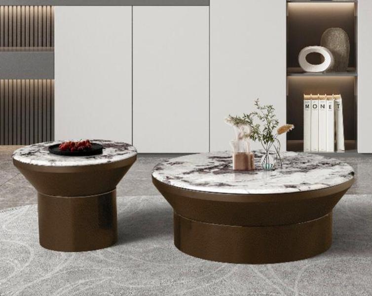 Luna Marble Coffee Table Set - Modern Round Design with Bronze Base for Living Room Decor, Elegant and Stylish Furniture