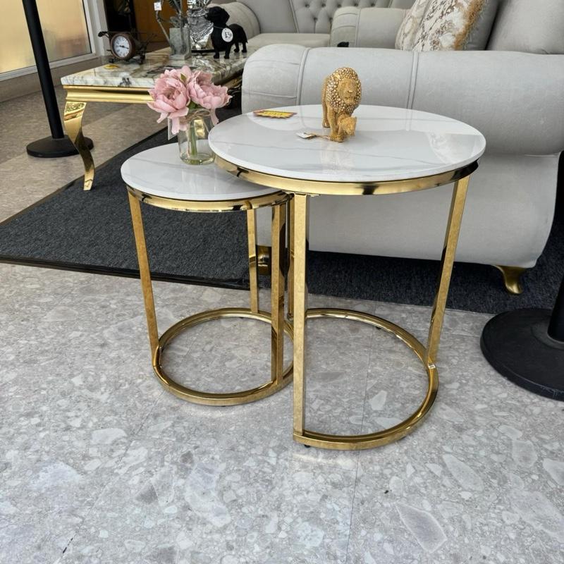 MARBEL Set of 2 Tables - Round Table & Side Table Nesting Design in Grey Silver & White Silver - Elegant Versatile for Dining Living Room & Bedroom