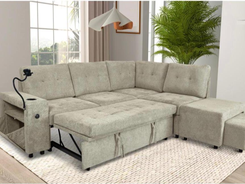 Averra Corner Sofa Bed Modern Design Available in Cream and Grey Colour with Storage and Cup Holder Features