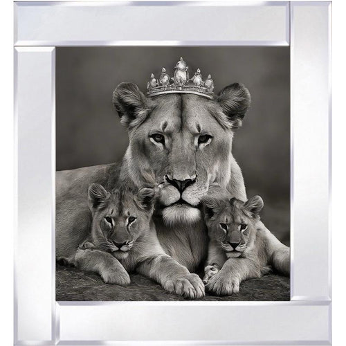 A regal lioness wearing a crown, surrounded lovingly by her cubs