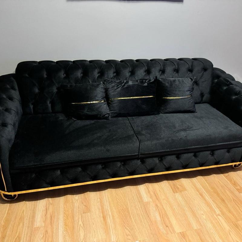 PLUSH VELVET 3+2 SEATER SOFA in Grey with Tufted Design and Gold Trim Cushions