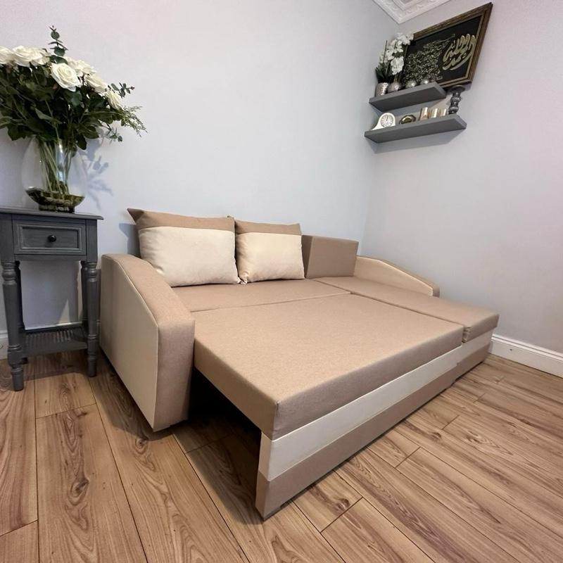 Compact Corner Sofa Bed Beige Cream OR Grey Right hand Side With Storage