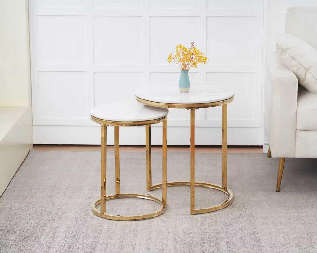 MARBEL Set of 2 Tables - Round Table & Side Table Nesting Design in Grey Silver & White Silver - Elegant Versatile for Dining Living Room & Bedroom