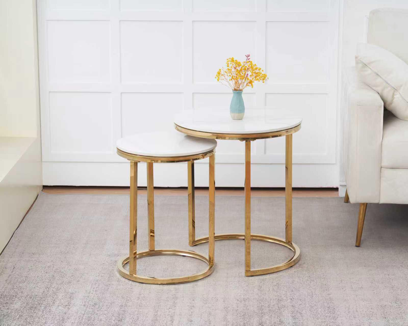 MARBEL Set of 2 Tables - Round Table & Side Table Nesting Design in Grey Silver & White Silver - Elegant Versatile for Dining Living Room & Bedroom