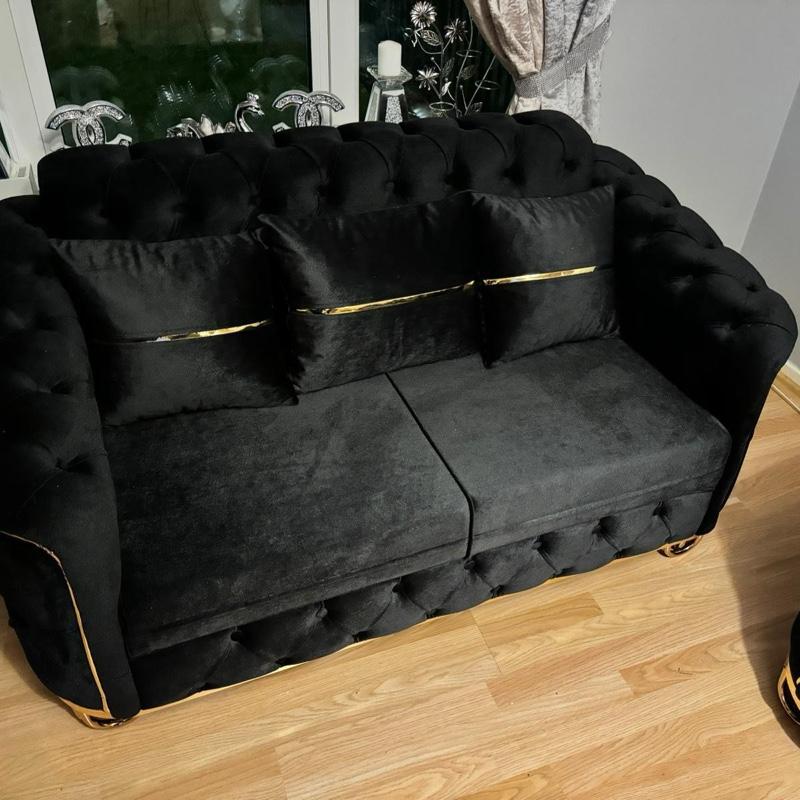 PLUSH VELVET 3+2 SEATER SOFA in Grey with Tufted Design and Gold Trim Cushions