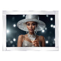 An elegant lady in silver attire and accessories holds a cocktail - Art Work - Frame work - Wall art