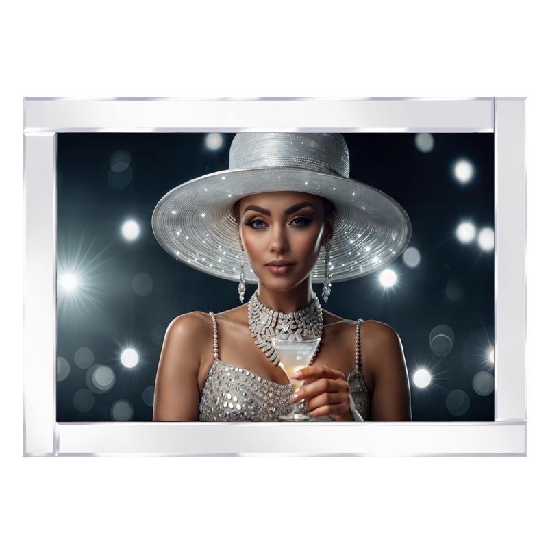 An elegant lady in silver attire and accessories holds a cocktail - Art Work - Frame work - Wall art